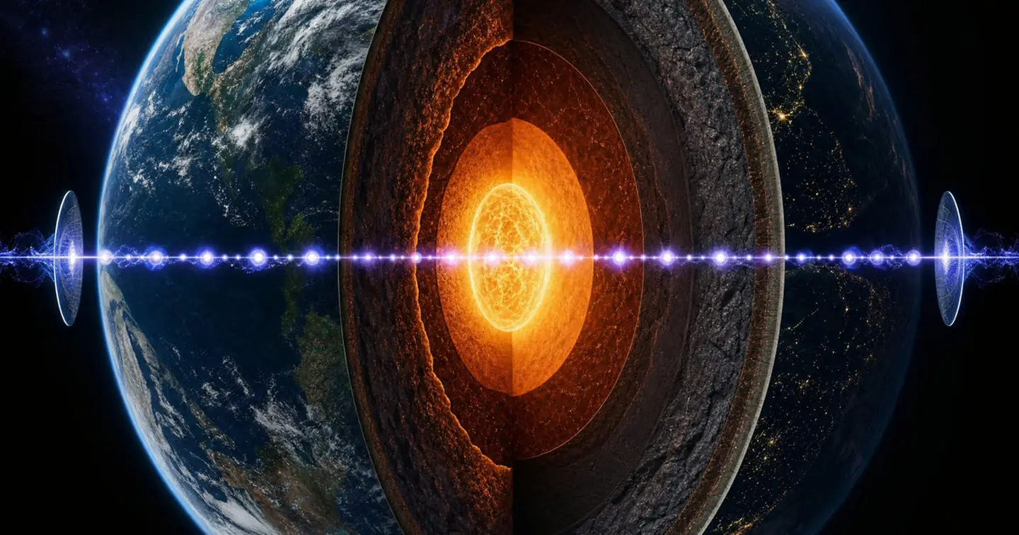 The group’s illustration of neutrino communication: a beam passing straight through the Earth’s core.